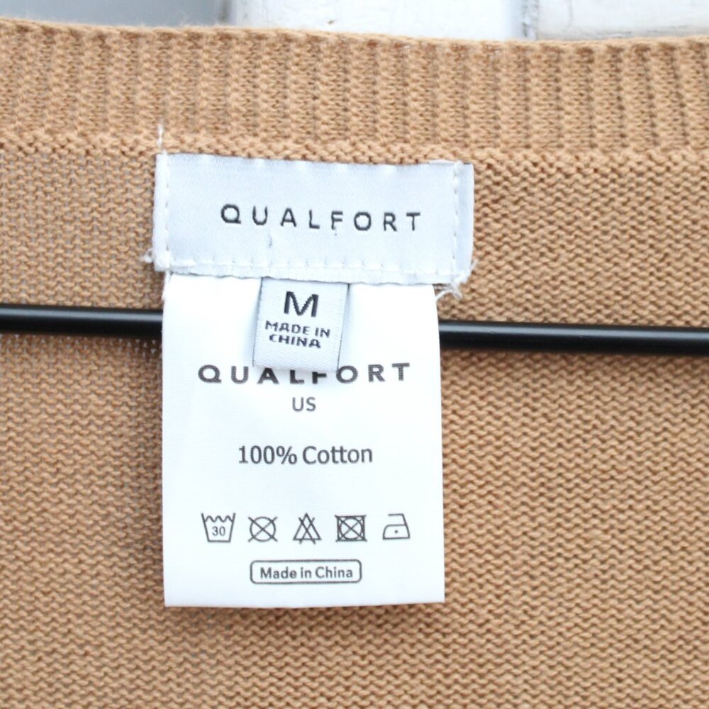 QUALFORT Women's Tan Sweater Cotton Long Sleeve Pullover V-Neck Sweater Medium - Picture 2 of 5